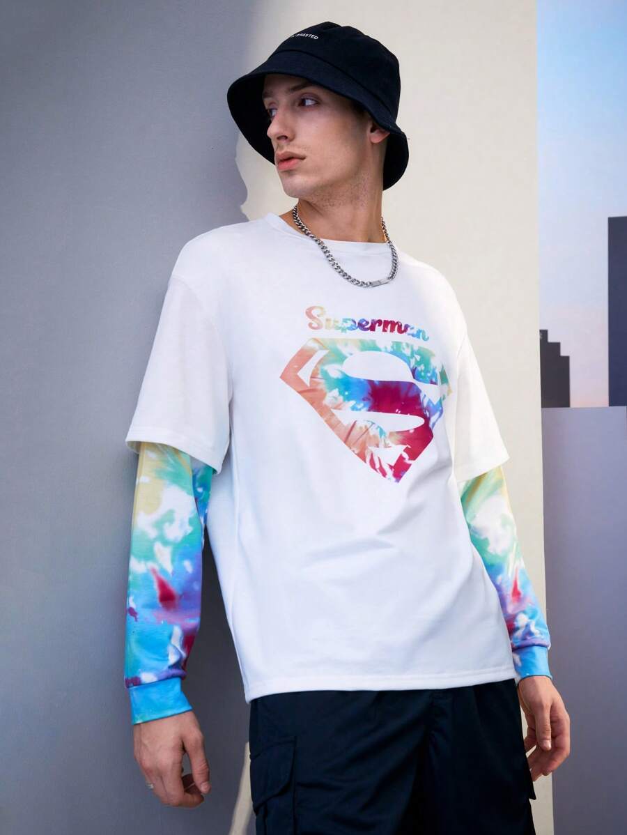 SUPERMAN X SHEIN Men Tie Dye Letter Graphic 2 In 1 Sweatshirt Spring And Autumn - White - View 1