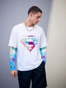 SUPERMAN X SHEIN Men Tie Dye Letter Graphic 2 In 1 Sweatshirt Spring And Autumn - White - View 3