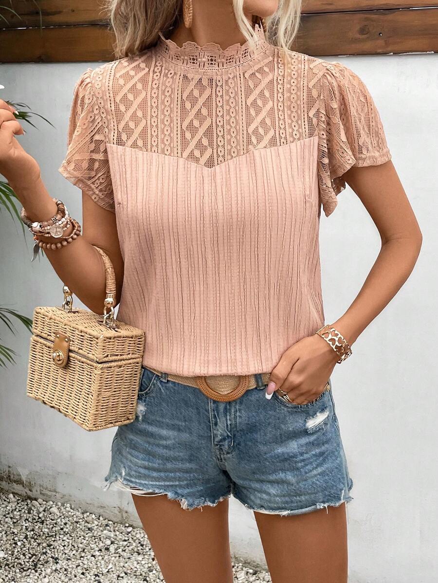 SHEIN Frenchy Contrast Lace Butterfly Sleeve Blouse Summer Casual - Orange - View 1