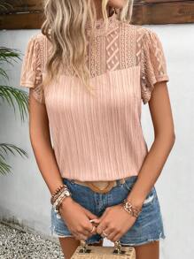 SHEIN Frenchy Contrast Lace Butterfly Sleeve Blouse Summer Casual - Orange - View 3