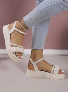 女士人造珍珠裝飾厚底踝帶人造皮革時尚坡跟涼鞋淺褐色