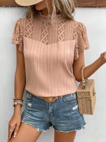 SHEIN Frenchy Contrast Lace Butterfly Sleeve Blouse Summer Casual - Orange - View 4