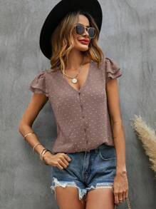 SHEIN LUNE Swiss Dot Textured Butterfly Sleeve Blouse - Dusty Purple - View 1