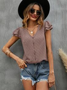 SHEIN LUNE Swiss Dot Textured Butterfly Sleeve Blouse - Dusty Purple - View 3