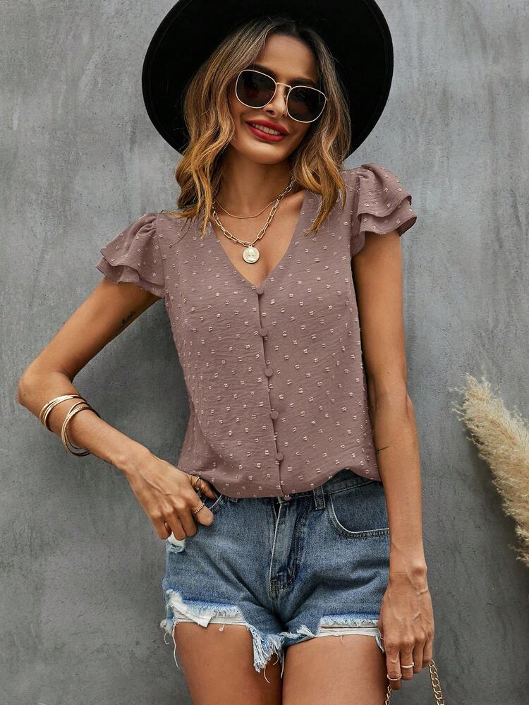 SHEIN LUNE Blusa de lunares con textura de manga mariposa - Púrpura polvoriento - Añade 3