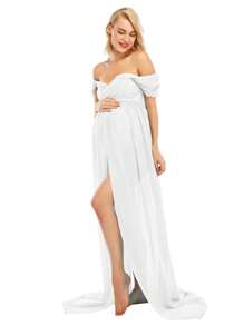 JustVH Maternity Off-Shoulder Floor-Length Dress For Maternity Photoshoot - White - View 6