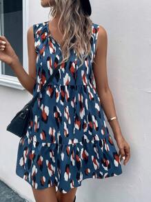 SHEIN LUNE 滿版印花荷葉邊娃娃裙 - 霧霾藍 - 查看 1