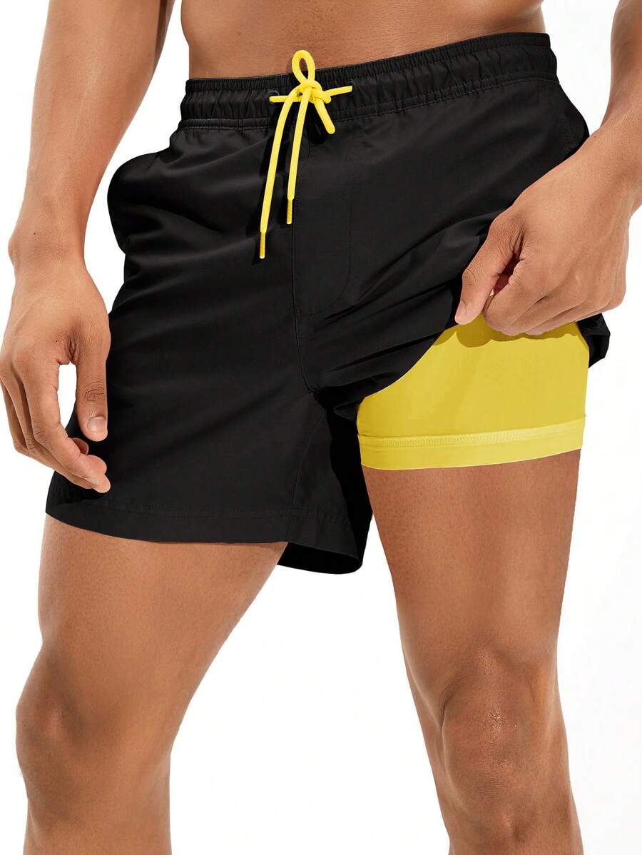 CoralVoy Men Two Tone Drawstring Waist 2 In 1 Swim Trunks,Hawaiian - Black - View 1