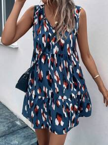 SHEIN LUNE 滿版印花荷葉邊娃娃裙 - 霧霾藍 - 查看 3