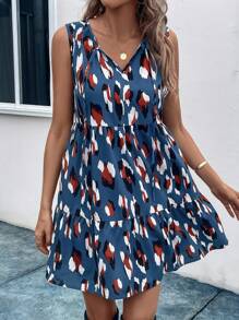 SHEIN LUNE 滿版印花荷葉邊娃娃裙 - 霧霾藍 - 查看 5