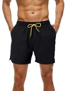 CoralVoy Men Two Tone Drawstring Waist 2 In 1 Swim Trunks,Hawaiian - Black - View 4