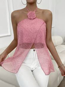 SHEIN Privé 3D交叉圍裹後背繫帶掛脖上衣 - 粉色 - 查看 1