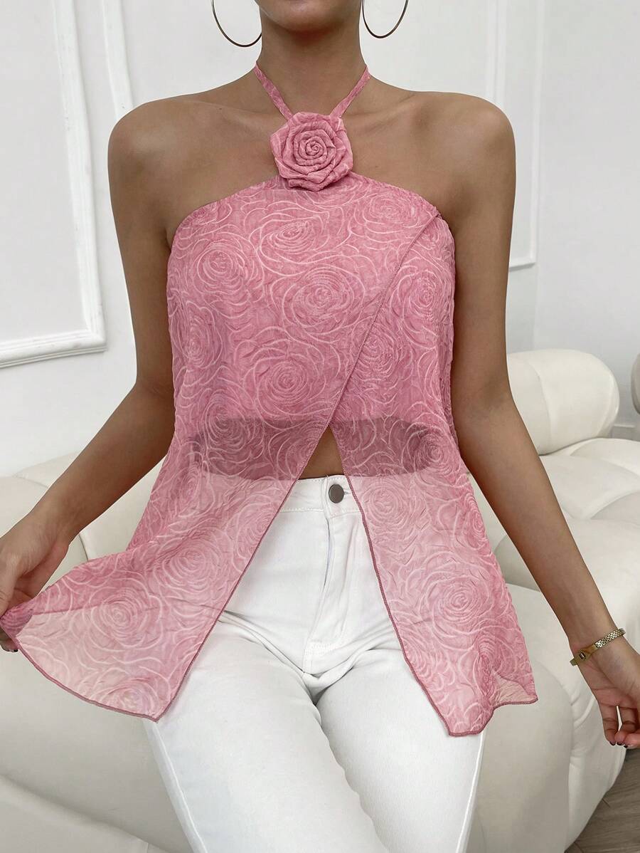 SHEIN Privé 3D交叉圍裹後背繫帶掛脖上衣 - 粉色 - 查看 1