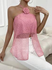 SHEIN Privé 3D交叉圍裹後背繫帶掛脖上衣 - 粉色 - 查看 3