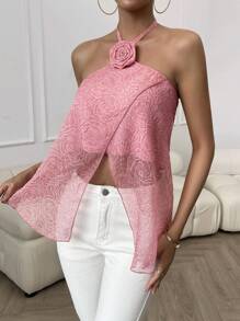 SHEIN Privé 3D交叉圍裹後背繫帶掛脖上衣 - 粉色 - 查看 4
