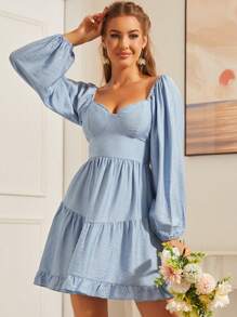 S BETRO Off Shoulder Lantern Sleeve Ruffle Hem Dress - Baby Blue - View 1