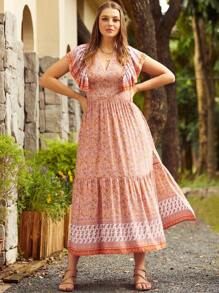 S BETRO 大碼佩斯利印花荷葉邊高衩連衣裙 - 彩色 - 查看 1