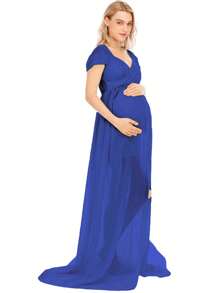 Maternity Chiffon V-Neck Off Shoulder Drop Sleeves Split Maxi Dress For Photoshoot - Xanh đậm - Xem 3