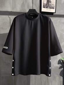 Manfinity Homme Loose-Fit Men's Letter Graphic Side Button T-Shirt Black Top ,Fall - Black - View 1