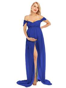 Maternity Chiffon V-Neck Off Shoulder Drop Sleeves Split Maxi Dress For Photoshoot - Xanh đậm - Xem 5