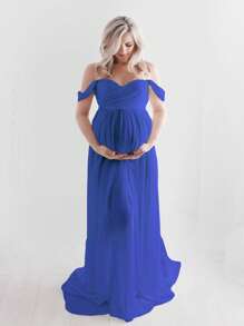 Maternity Chiffon V-Neck Off Shoulder Drop Sleeves Split Maxi Dress For Photoshoot - Xanh đậm - Xem 6