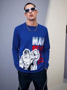 SUPERMAN X SHEIN Men Letter & Hero Anime Character Printed Sweatshirt Spring And Autumn Style - Royal Blue - View 1