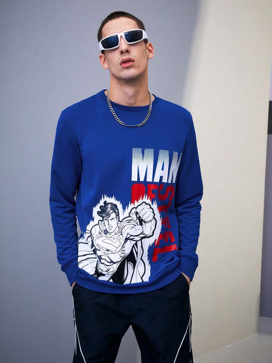 SUPERMAN X SHEIN Men Letter & Hero Anime Character Printed Sweatshirt Spring And Autumn Style - Royal Blue - View 1