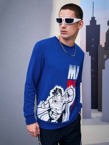 SUPERMAN X SHEIN Men Letter & Hero Anime Character Printed Sweatshirt Spring And Autumn Style - Royal Blue - View 3