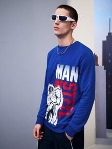 SUPERMAN X SHEIN Men Letter & Hero Anime Character Printed Sweatshirt Spring And Autumn Style - Royal Blue - View 4