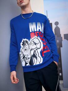 SUPERMAN X SHEIN Men Letter & Hero Anime Character Printed Sweatshirt Spring And Autumn Style - Royal Blue - View 5