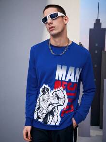SUPERMAN X SHEIN Men Letter & Hero Anime Character Printed Sweatshirt Spring And Autumn Style - Royal Blue - View 6