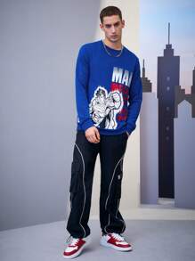 SUPERMAN X SHEIN Men Letter & Hero Anime Character Printed Sweatshirt Spring And Autumn Style - Royal Blue - View 7