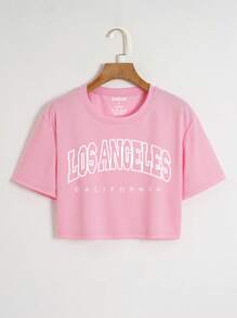 INAWLY Đồ họa Chữ cái Thả vai Áo phông Crop - Hồng - Xem 1