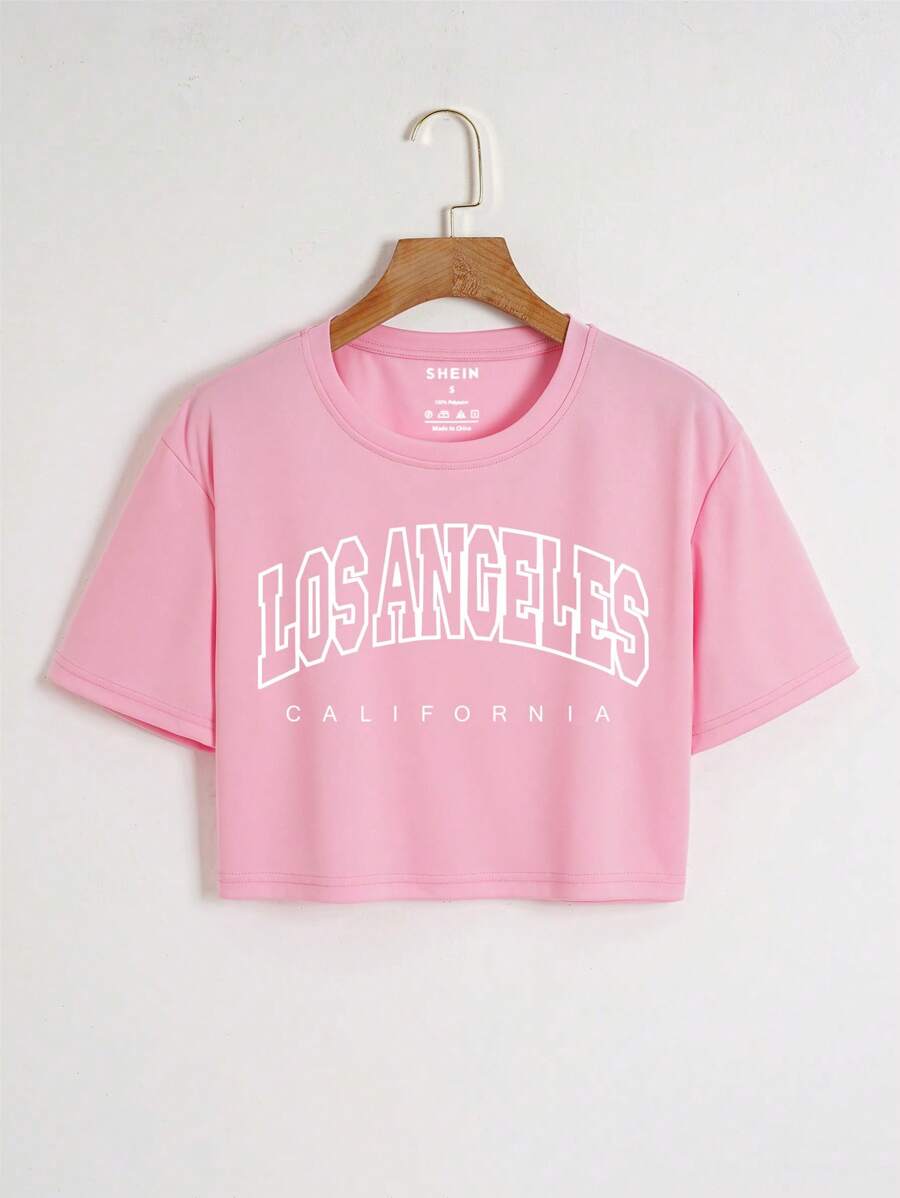 INAWLY Đồ họa Chữ cái Thả vai Áo phông Crop - Hồng - Xem 1