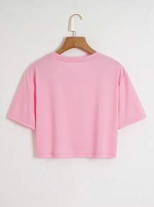 INAWLY Đồ họa Chữ cái Thả vai Áo phông Crop - Hồng - Xem 2