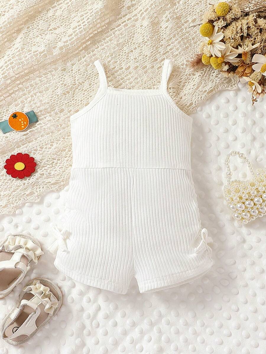 Baby Girl Drawstring Side Cami Romper - White - View 1