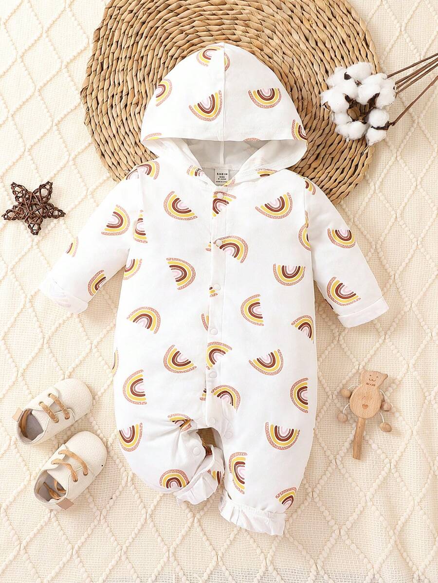女嬰彩虹印花連帽連身褲 - 白色 - 查看 1