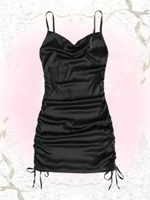 ROMWE Kawaii Solid Drawstring Side Satin Cami Dress, For New Year - Black - View 1