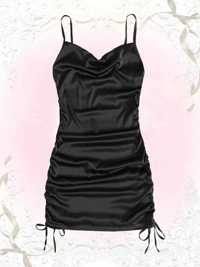 Kawaii Solid Drawstring Side Satin Cami Dress, For New Year