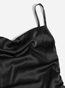 ROMWE Kawaii Solid Drawstring Side Satin Cami Dress, For New Year - Black - View 3