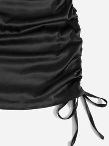 ROMWE Kawaii Solid Drawstring Side Satin Cami Dress, For New Year - Black - View 4