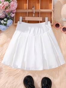 SHEIN 青少年女孩素色高腰褶皺半身裙 - 白色 - 查看 2