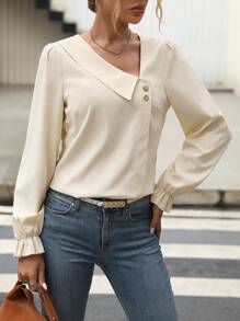 SHEIN LUNE Asymmetrical Neck Flare Sleeve Blouse - Apricot - View 1