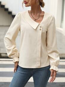 SHEIN LUNE Asymmetrical Neck Flare Sleeve Blouse - Apricot - View 3