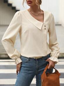 SHEIN LUNE Asymmetrical Neck Flare Sleeve Blouse - Apricot - View 4