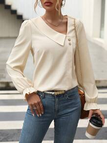 SHEIN LUNE Asymmetrical Neck Flare Sleeve Blouse - Apricot - View 6