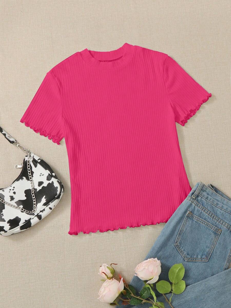 SHEIN Essnce Plus Lettuce Trim Ribbed Knit Tee - Hot Pink - View 1