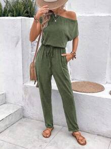 SHEIN LUNE 素色前打結斜口袋不對稱領T恤連體褲 - 軍綠色 - 查看 1