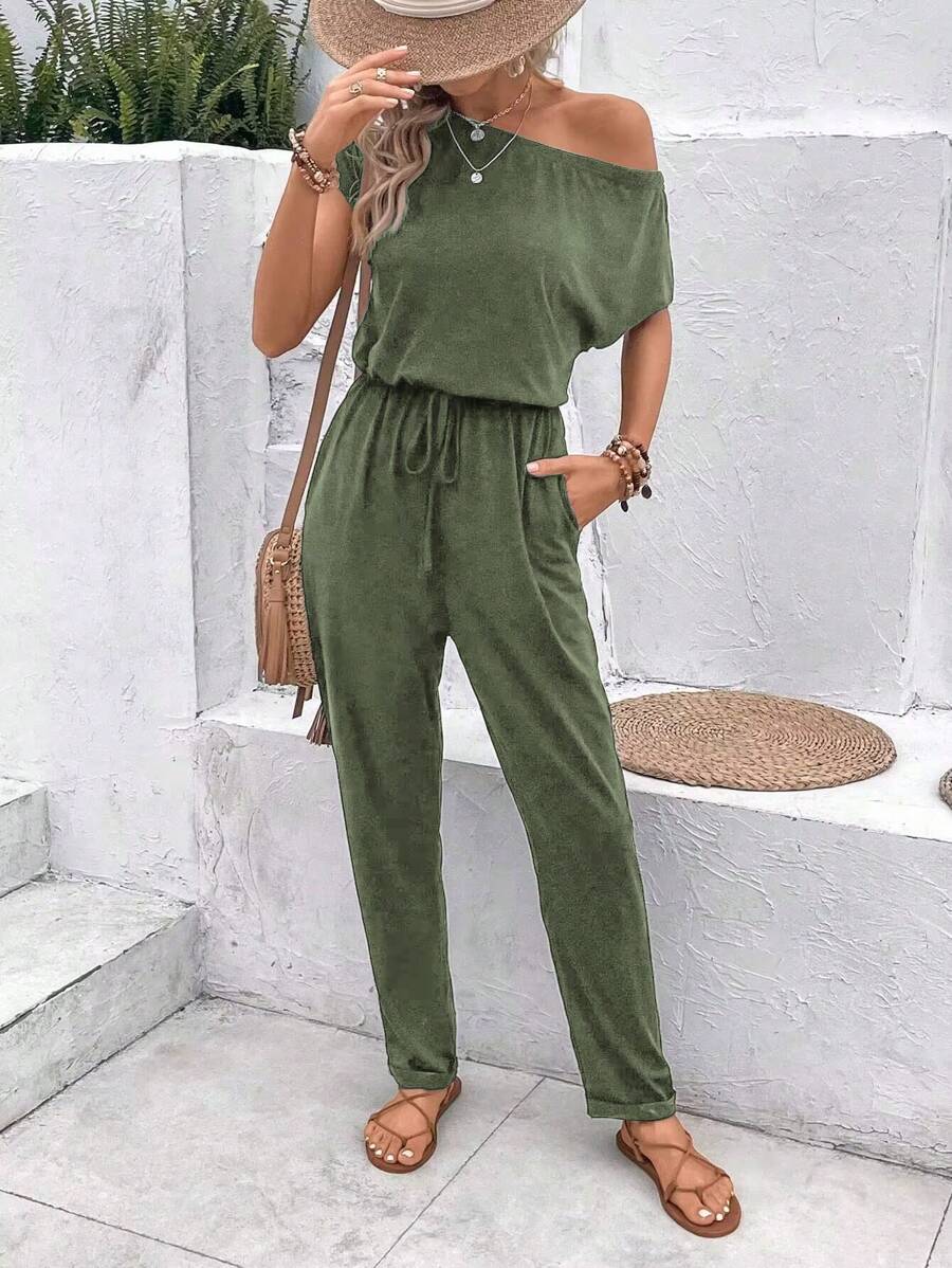 SHEIN LUNE 素色前打結斜口袋不對稱領T恤連體褲 - 軍綠色 - 查看 1