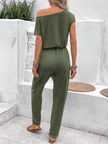 SHEIN LUNE 素色前打結斜口袋不對稱領T恤連體褲 - 軍綠色 - 查看 2